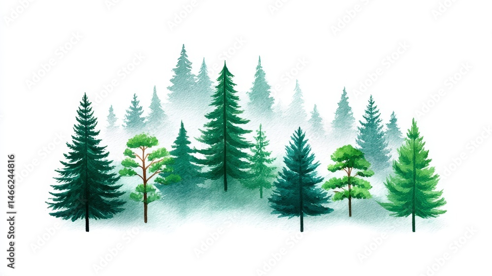 Obraz premium Misty Evergreen Forest Scene - Watercolor painting of a misty forest with various evergreen trees, creating a serene and peaceful atmosphere