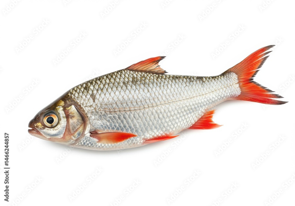 Rudd fish with silver scales and red fins isolated on white background Rudd fish with silver scales and red fins isolated on white background