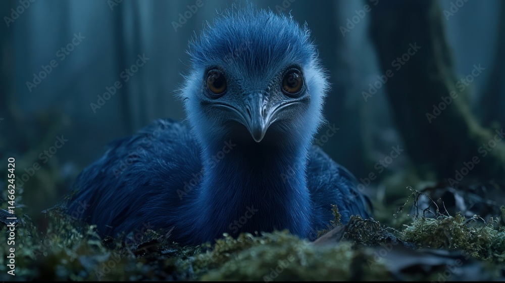 Fototapeta premium Close-up of a small, blue bird-like creature, eyes wide with a focused gaze, in a mossy forest environment