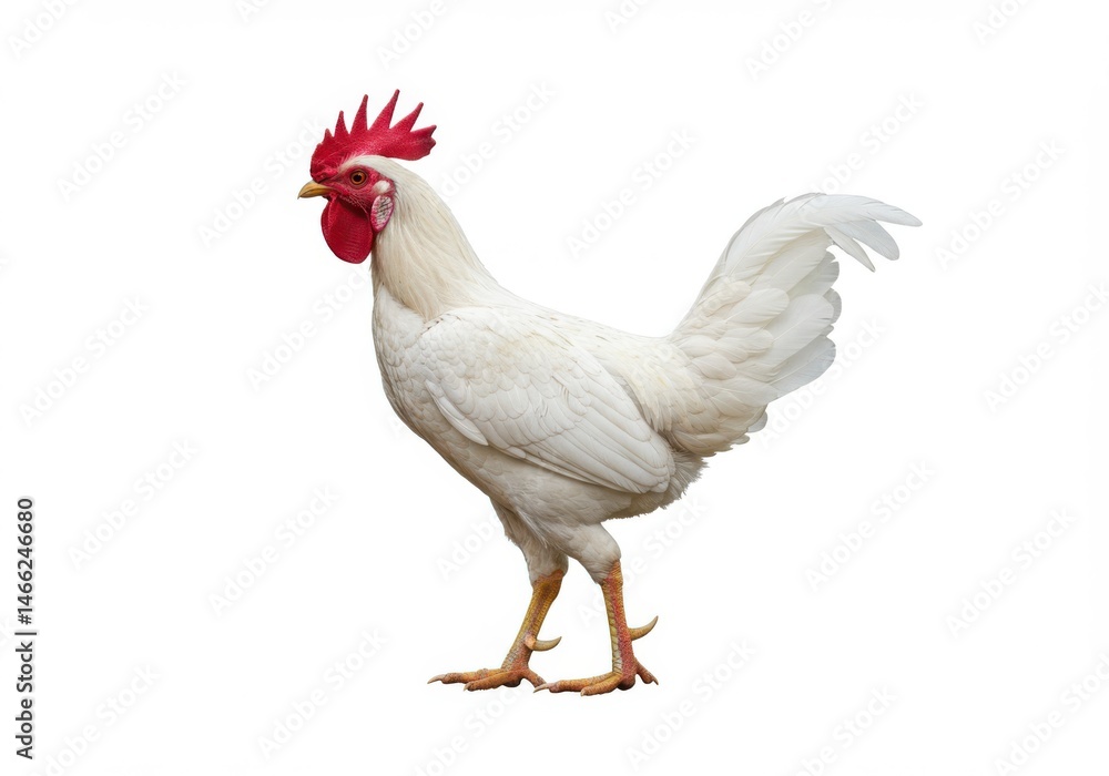 A white rooster standing isolated on white background