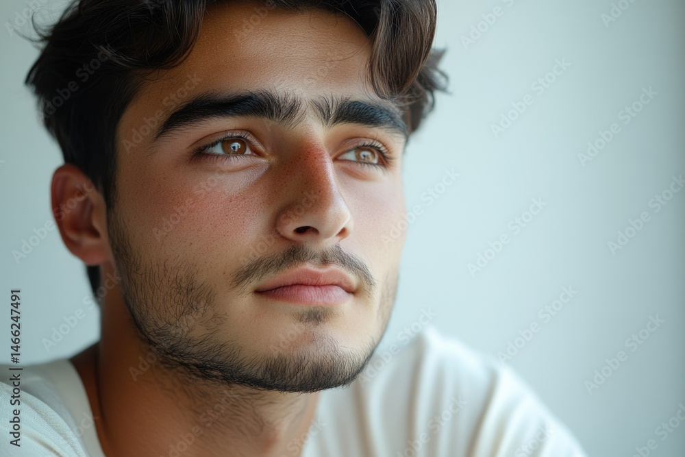 Obraz premium A young man with dark hair and brown eyes, looking thoughtfully into the distance.