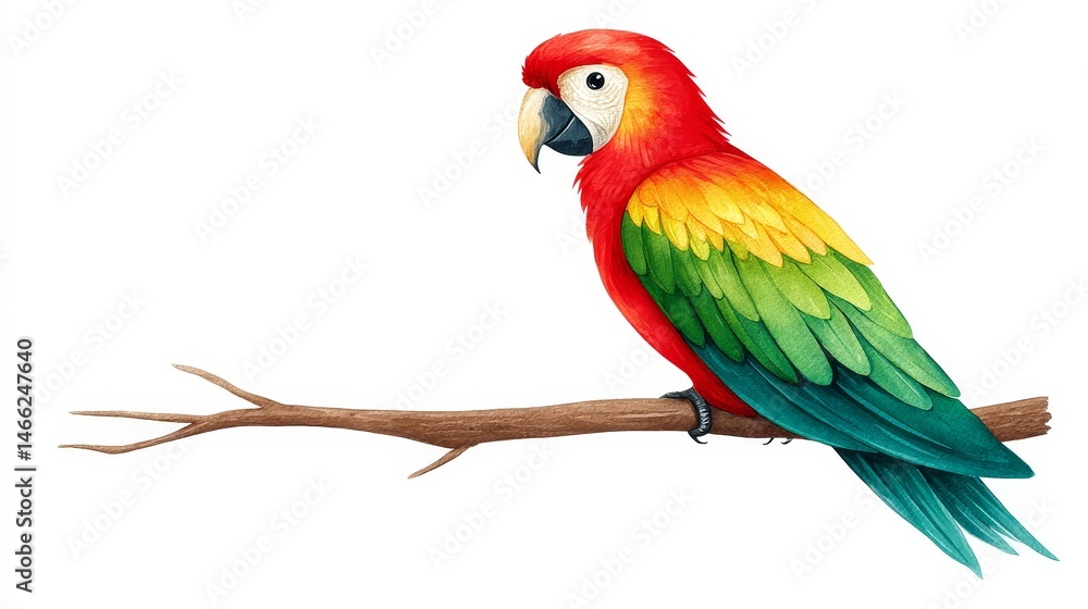 Obraz premium Scarlet Macaw on Branch Watercolor Painting - Vibrant scarlet macaw perched on a branch, symbolizing freedom, beauty, nature, tropics, and exotic wildlife. Watercolor painting