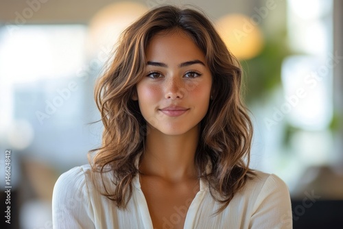 A young woman with long brown wavy hair, wearing a white shirt, smiles gently. Free Download A young woman with long brown wavy hair, wearing a white shirt, smiles gently. - GFXLoad