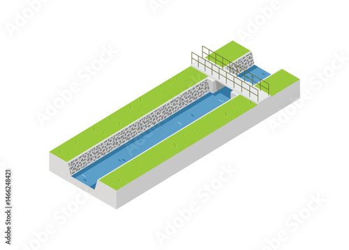 Water channel with small concrete bridge. Simple flat illustration in isometric view.