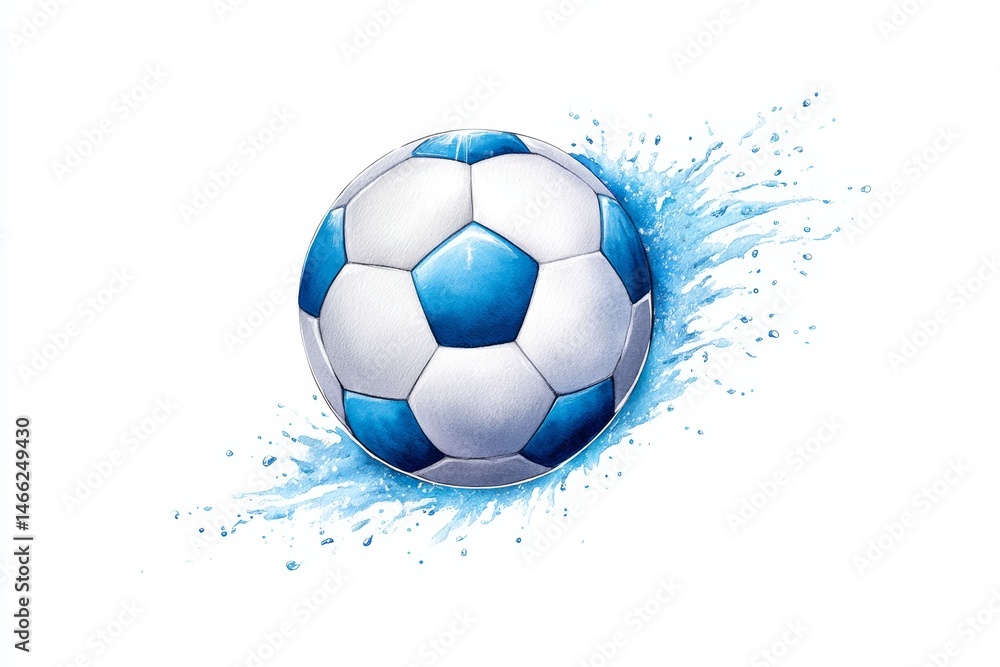 Fototapeta premium Soccer Ball Splash - A watercolor illustration of a soccer ball with water splashing behind it. Perfect for sports, fitness, or summer themes