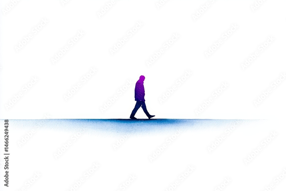 Fototapeta premium Solitary Figure Walking - A single person walks across a minimal landscape, in shades of purple and blue. The evokes feelings of solitude and contemplation