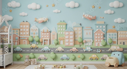 Pastel Cityscape Mural in Child's Room
