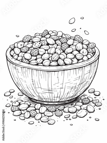 Rustic wooden bowl filled with nutritious line art details.eps