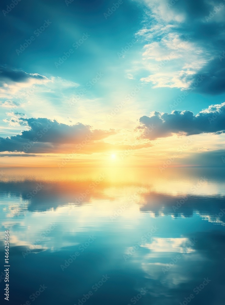 Serene sunset over calm water, mirrored perfectly A vibrant sky, with clouds and sunlight, reflected in the still water below Serene sunset over calm water, mirrored perfectly A vibrant sky, with clouds and sunlight, reflected in the still water below