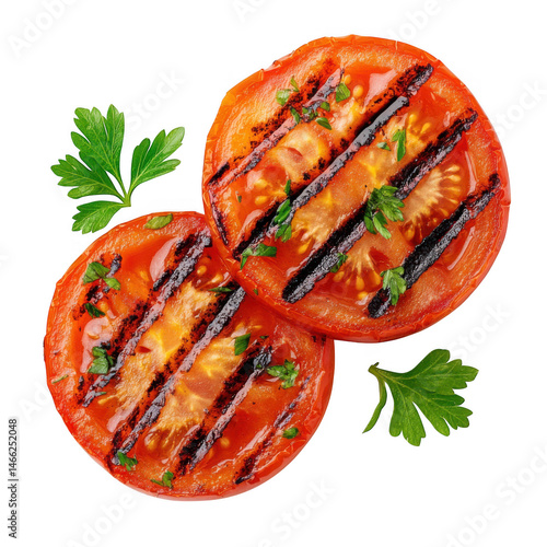 Grilled tomato slices with parsley isolated on transparent background