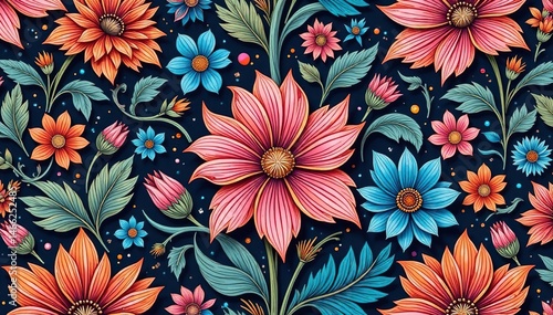 Intricate floral design with flowing lines, seamless repeat , flowery, print