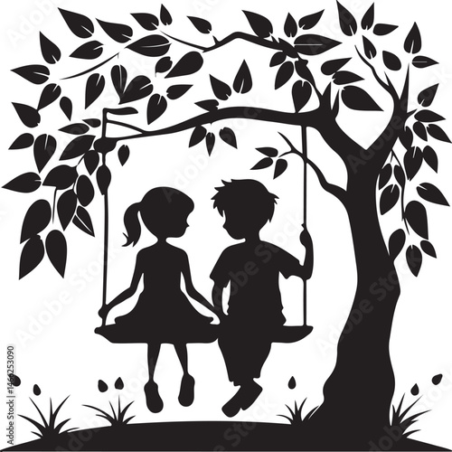 girl and boy swing on tree vector