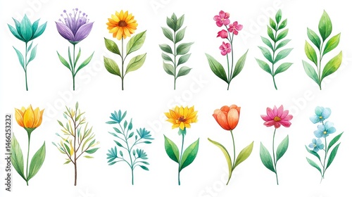 Wallpaper Mural Watercolor Botanical Collection - Vibrant watercolor flowers and leaves, nature, spring, botanical illustration, floral design Torontodigital.ca