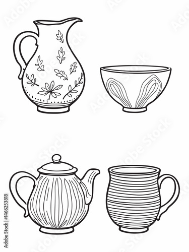 Set of artisanal handcrafted pottery pieces line art drawing.eps