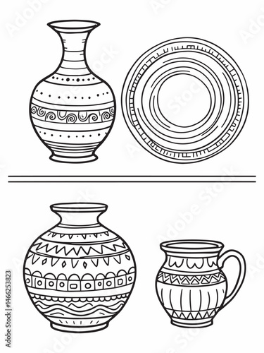 Set of artisanal handcrafted pottery pieces line art illustration style.eps