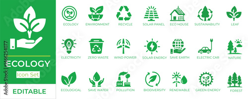 Ecology and environment vector icons for sustainability, green energy, and nature conservation graphics.