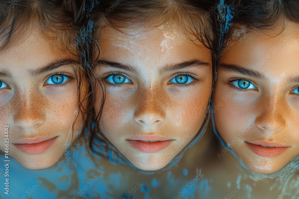 Obraz premium Three girls with vibrant blue eyes, submerged in water, faces close together