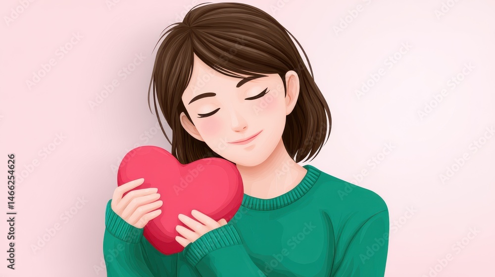 Returning to self-love and embracing inner peace. Relaxation through solitude. A person gently hugging a heart-shaped pillow. Returning to self-love and embracing inner peace. Relaxation through solitude. A person gently hugging a heart-shaped pillow.