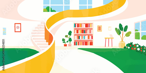 An airy, brightly lit interior scene with a winding staircase, bookshelves, and a few potted plants. This design showcases clean lines, minimalism, and a sense of openness.