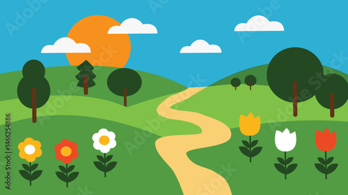 Flat design vector illustration of a road winding through hills with flowers and trees around, under a sunny sky with clouds