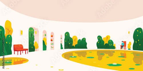 An serene landscape scene with a man sat in a park under the sun. Capturing the tranquility of the moment.