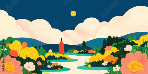 Serene landscape illustration featuring a lone figure standing by a calm river amidst vibrant flora and a tranquil moonlit sky.