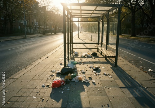 Urban bus stop with scattered litter during sunset, showcasing the impact of waste on public spaces and the need for environmental awareness