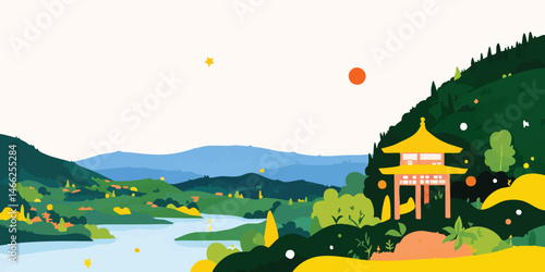 An idyllic landscape painted in a graphic style, featuring a traditional pagoda nestled near a serene river, framed by rolling hills and a clear sky.