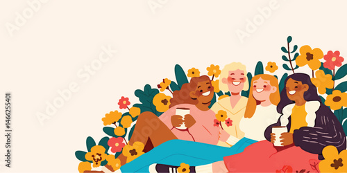 Four women of diverse backgrounds come together in a vibrant, whimsical illustration that embodies unity, sisterhood, and inclusivity, surrounded by blooming flowers against a soft pastel background.