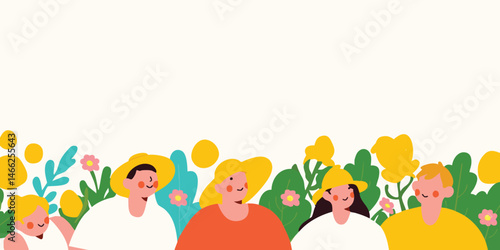 An illustration of a vibrant gathering of people in a nature-inspired setting, perfect for promoting social gatherings and community connections, and illustrating the joy of togetherness.