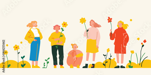 A vibrant group of individuals, each holding a flower, stands united in a field of blossoms, a scene radiating joy and togetherness. Evoking feelings of spring, friendship, and the beauty of nature.