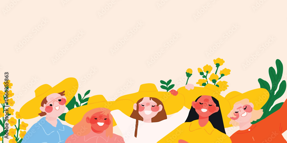 Naklejka premium Celebrating unity and embracing the beauty of nature, a group of radiant people come together, their smiles as bright as the sun, adorned with elegant hats amid flourishing plant life.