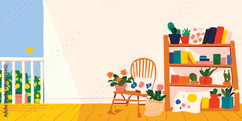 Cozy home interior with plants, books, and a wooden chair. Bright and cheerful illustration of a relaxing space.