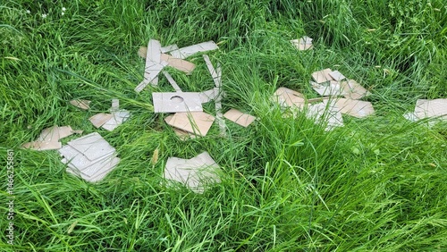 Morceaux de carrelages et faïences jetés en pleine nature
