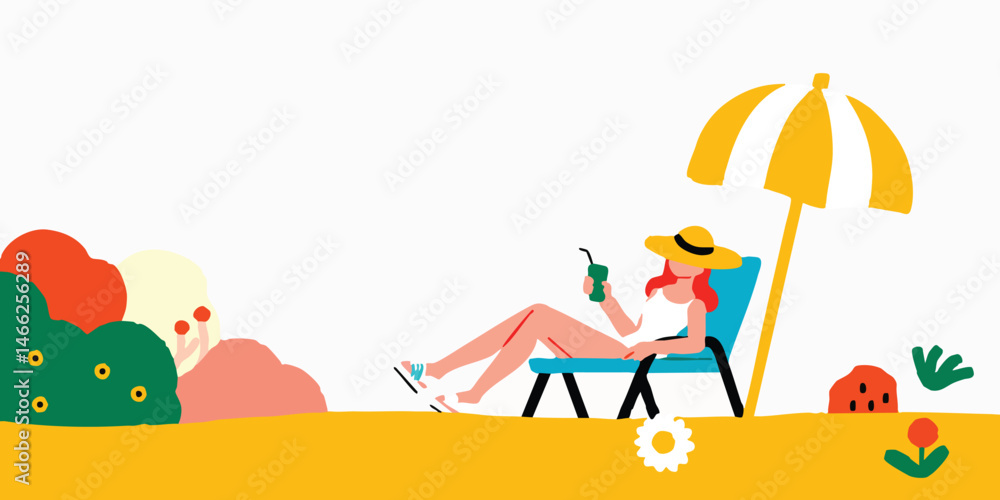 A relaxed individual lounging on a beach chair under the shade of an umbrella, enjoying a beverage in hand, a vibrant illustration of leisure and summertime bliss. A relaxed individual lounging on a beach chair under the shade of an umbrella, enjoying a beverage in hand, a vibrant illustration of leisure and summertime bliss.