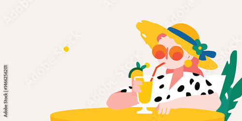 An eye-catching illustration of a person sipping a refreshing drink. enjoying a beautiful, bright, and sunny day. a stylish person, enjoying leisurely moments in the warmth of the sun. 