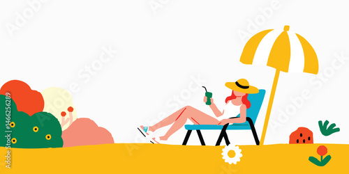 A relaxed individual lounging on a beach chair under the shade of an umbrella, enjoying a beverage in hand, a vibrant illustration of leisure and summertime bliss.