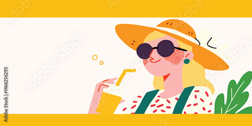 A woman in a sun hat and sunglasses takes a refreshing break, sipping a glass of juice on a hot summer day. It's an invitation to relaxation and carefree joy.