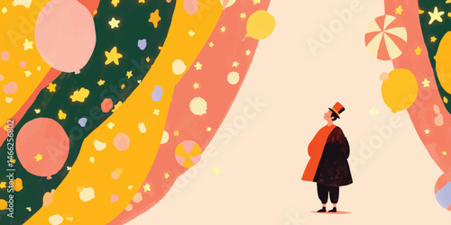 A person gazes upward, surrounded by festive elements of joy, celebrating the circus and its bright ambiance.