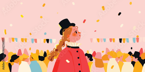 A whimsical illustration of a lone figure, possibly a performer, amidst a flurry of confetti and a cheerful crowd, captured in a joyous moment of celebration.  