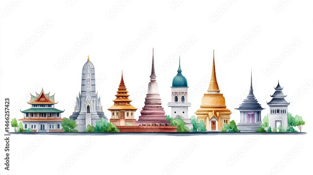 Naklejka premium Watercolor Panorama of Thai Temples and Pagodas - A vibrant watercolor painting showcasing the architectural beauty of Thailand's temples and pagodas, symbolizing faith, history, culture, serenity