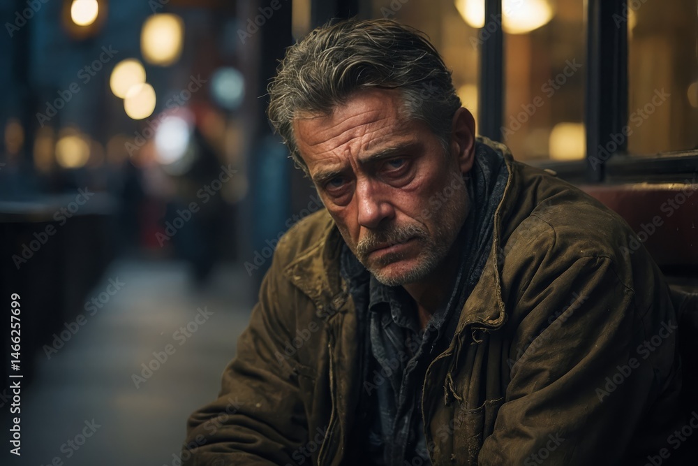 Obraz premium Man sits slumped with a dejected expression on his face. His eyes reflect a deep sense of sadness