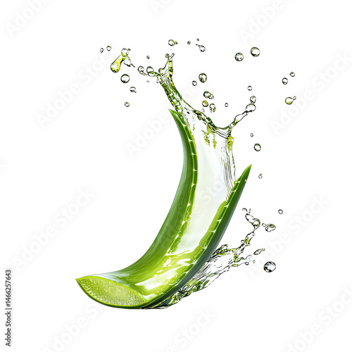 Aloe Vera Slice with Refreshing Splashes on Transparent Background, Healthy Ingredient