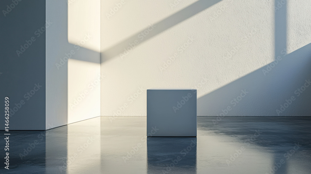 Obraz premium minimalistic white cube in bright, empty room with shadows
