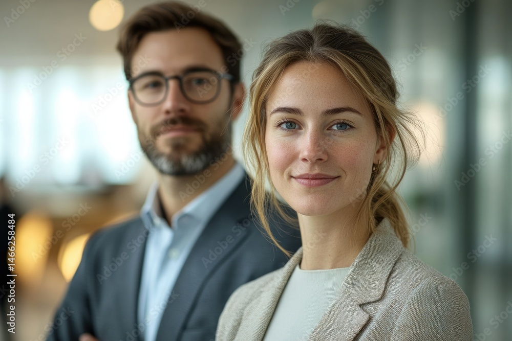Confident business professionals, a man and a woman, stand together showcasing teamwork and success. Confident business professionals, a man and a woman, stand together showcasing teamwork and success.