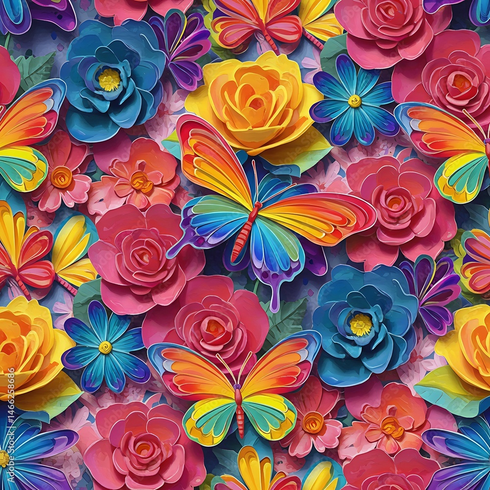 Vibrant Paper Flowers and Butterflies Seamless Pattern Vibrant Paper Flowers and Butterflies Seamless Pattern