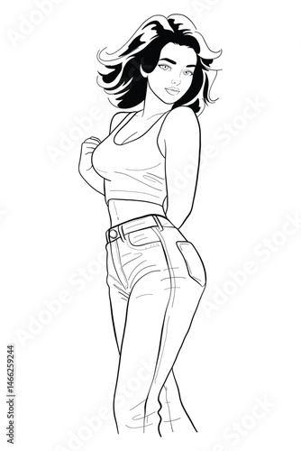 Young woman with short brunette hair in a white sleeveless tank top and blue denim jeans standing casually, looking over her shoulder with a thoughtful expression. Modern and stylish full body.