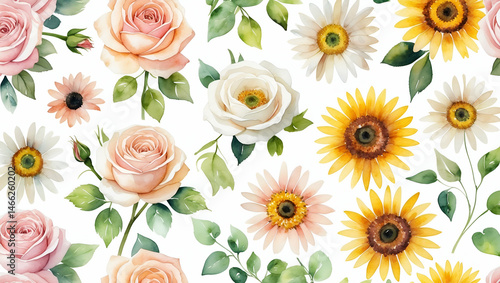 Watercolor floral pattern with roses sunflowers and daisies on white background