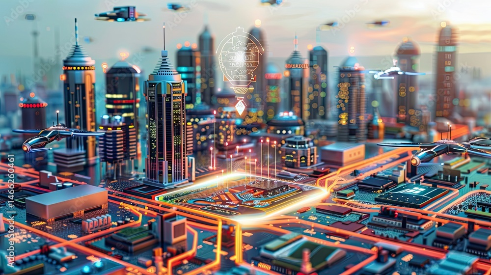 Fototapeta premium Futuristic city with advanced technology Integrated cityscape, drones, and futuristic buildings are powered by a central computer chip
