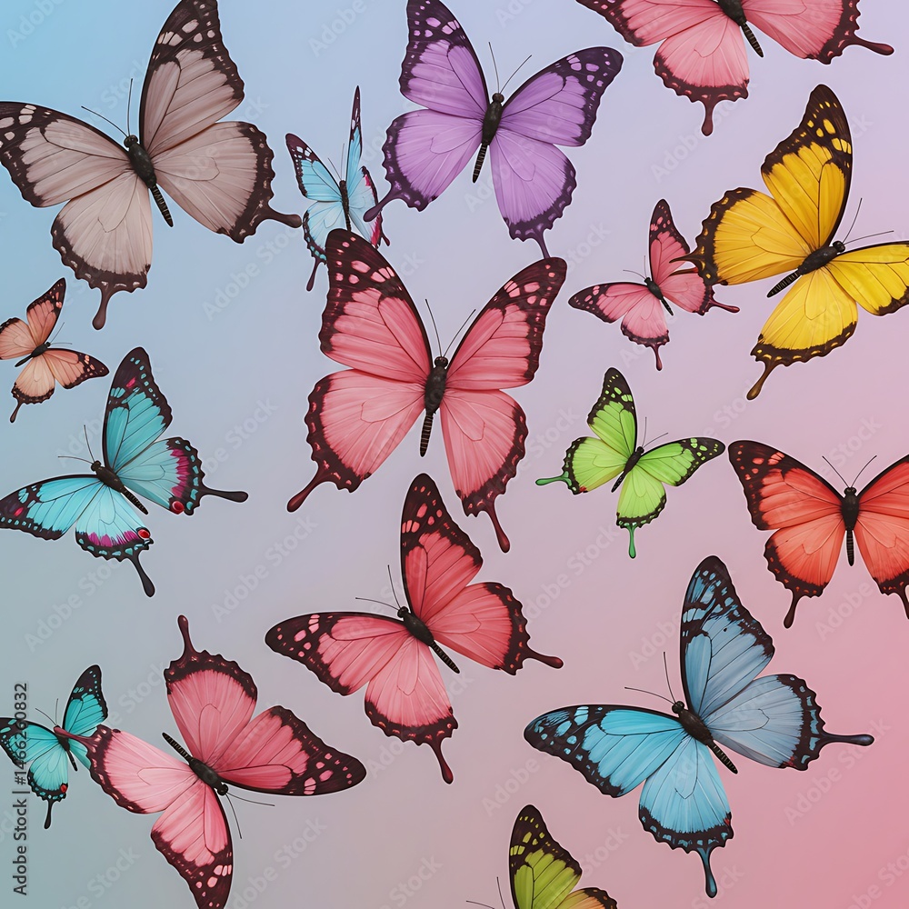 Obraz premium Colorful Butterfly Swarm, Pastel Background